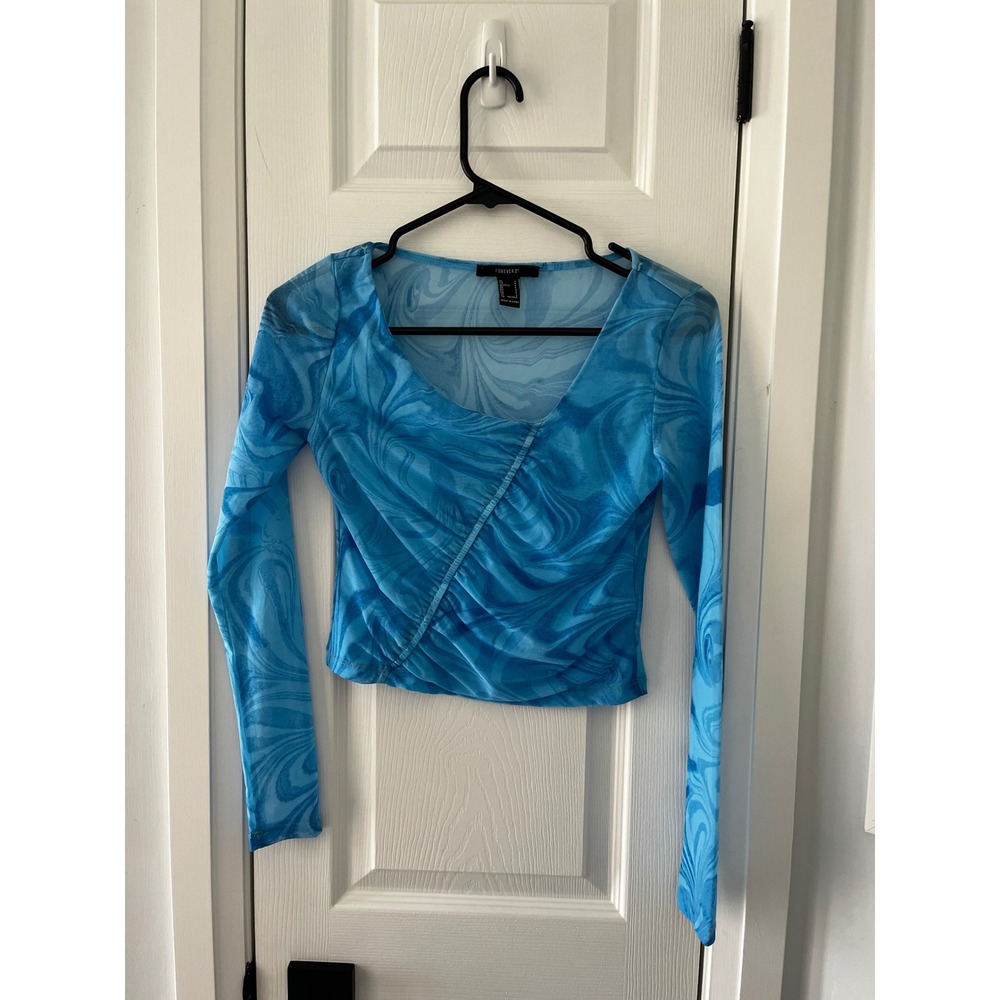 Forever 21 Blue Swirl Mesh Long Sleeve Crop Top Women's Small Y2K Ocean‎ Sheer